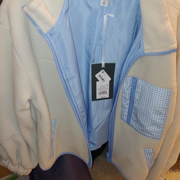 Sandy Liang for Target Cream Sherpa & Baby Blue Gingham Pocket Jacket - Picture 9 of 10